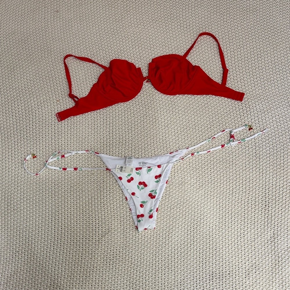 aerie White Cherry-Print Bikini Bottoms & top set